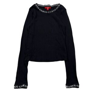 Guess Black Ribbed Long Sleeve Crew Neck Top Logo Trim Women's Size S